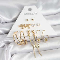 Mey İthalat® Pirinç Gold Renk 6 Çiftli Kadın Küpe Seti