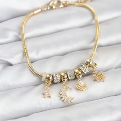 Mey İthalat® Pirinç Gold Renk Ay Charm Model Charmlı Kadın Bileklik