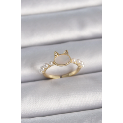 Mey İthalat® Pirinç Gold Renk Ayarlanabilir Beyaz Mineli Kedi Model İnci Detay Kadın Yüzük