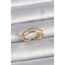 Mey İthalat® Pirinç Gold Renk Ayarlanabilir Sıralı İncili Zirkon Taş Detaylı Kadın Yüzük