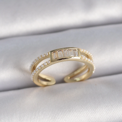 Mey İthalat® Pirinç Gold Renk Ayarlanabilir Sıralı İncili Zirkon Taş Detaylı Kadın Yüzük