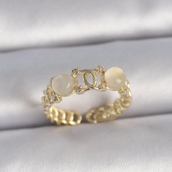 Mey İthalat® Pirinç Gold Renk Ayarlanabilir Zirkon Taşlı Beyaz Mineli Birleşik Halka Model Kadın Yüzük