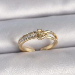 Mey İthalat® Pirinç Gold Renk Ayarlanabilir Zirkon Taşlı Düğüm Kalp Model Kadın Yüzük