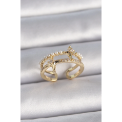 Mey İthalat® Pirinç Gold Renk Ayarlanabilir Zirkon Taşlı İncili Yıldız Model Kadın Yüzük