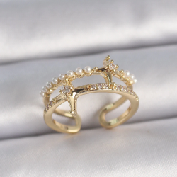 Mey İthalat® Pirinç Gold Renk Ayarlanabilir Zirkon Taşlı İncili Yıldız Model Kadın Yüzük