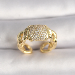 Mey İthalat® Pirinç Gold Renk Ayarlanabilir Zirkon Taşlı Kadın Yüzük