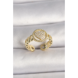 Mey İthalat® Pirinç Gold Renk Ayarlanabilir Zirkon Taşlı Kalp Model Kadın Yüzük