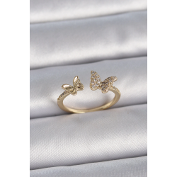 Mey İthalat® Pirinç Gold Renk Ayarlanabilir Zirkon Taşlı Kelebek Model Kadın Yüzük