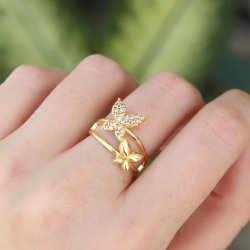 Mey İthalat® Pirinç Gold Renk Ayarlanabilir Zirkon Taşlı Kelebek Yüzük