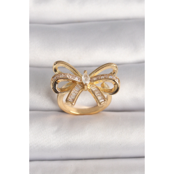 Mey İthalat® Pirinç Gold Renk Ayarlanabilir Zirkon Taşlı Kurdele Model Kadın Yüzük