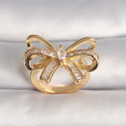 Mey İthalat® Pirinç Gold Renk Ayarlanabilir Zirkon Taşlı Kurdele Model Kadın Yüzük