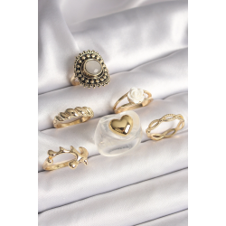 Mey İthalat® Pirinç Gold Renk Beyaz Gül Figür Kalp İşlemeli Sarmal Detay 6'Lı Kadın Yüzük Seti