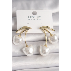 Mey İthalat® Pirinç Gold Renk Beyaz İnci Kiraz Model Kadın Küpe