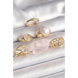 Mey İthalat® Pirinç Gold Renk Beyaz İncili Zincir Yüzük Figür İşleme Detay 6'Lı Kadın Yüzük Seti