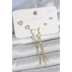 Mey İthalat® Pirinç Gold Renk Beyaz Mineli Sallantı Mineli Kalp Model Zirkon Taş Detaylı 925 Ayar Gümüş Çivi Kadın Küpe Seti