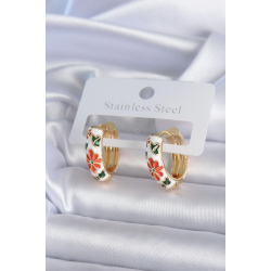 Mey İthalat® Pirinç Gold Renk Beyaz Renk Çiçek İşleme Detay Kadın Küpe