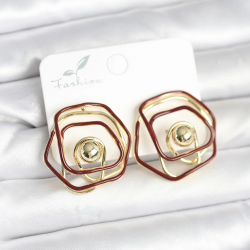 Mey İthalat® Pirinç Gold Renk Bordo Mineli Geometrik Gül Model Kadın Küpe