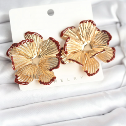 Mey İthalat® Pirinç Gold Renk Bordo Renk Detaylı Lotus Kadın Küpe