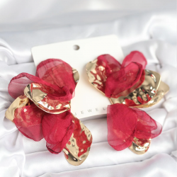 Mey İthalat® Pirinç Gold Renk Bordo Tüllü Lotus Kadın Küpe