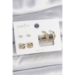 Mey İthalat® Pirinç Gold Renk Burgu Halka Model Zirkon Taşlı Kare Detay 3 Çift Kadın Küpe Seti