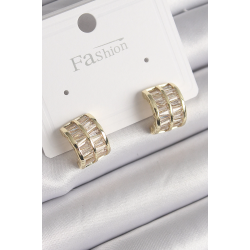 Mey İthalat® Pirinç Gold Renk Çift Sıra Zirkon Taşlı Kadın Küpe