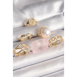 Mey İthalat® Pirinç Gold Renk Daire 3D İncili Figür Zincir Model Gül İşleme Detaylı 6'Lı Kadın Yüzük Seti