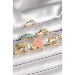Mey İthalat® Pirinç Gold Renk Daire Pembe Mineli Zirkon Taş Detaylı 6'Lı Kadın Yüzük Seti