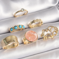 Mey İthalat® Pirinç Gold Renk Daire Pembe Mineli Zirkon Taş Detaylı 6'Lı Kadın Yüzük Seti