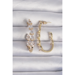 Mey İthalat® Pirinç Gold Renk Damla Zirkon Taş Tasarımlı Küpe