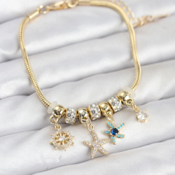 Mey İthalat® Pirinç Gold Renk Deniz Tema Charmlı Kadın Bileklik