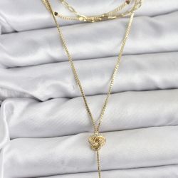 Mey İthalat® Pirinç Gold Renk Düğüm Model Detaylı 3'lü Kombin Y Kadın Kolye