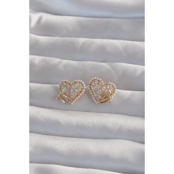 Mey İthalat® Pirinç Gold Renk Fiyonk Detay İncili Zirkon Taşlı Kalp Küpe