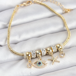 Mey İthalat® Pirinç Gold Renk Göz Model Charmlı Kadın Bileklik