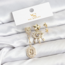 Mey İthalat® Pirinç Gold Renk Göz ve Kutup Yıldızı Model YSX Trio Küpe Seti