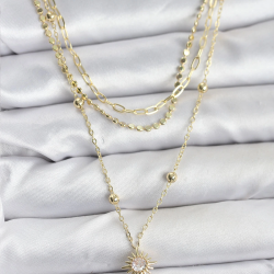 Mey İthalat® Pirinç Gold Renk Güneş Model Detaylı 3'lü Kombin Y Kadın Kolye