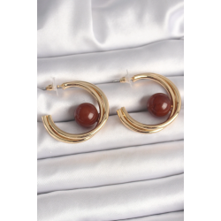 Mey İthalat® Pirinç Gold Renk Halka Model Kahverengi Boncuk Detay Kadın Küpe