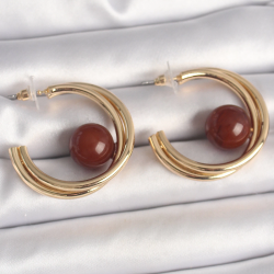 Mey İthalat® Pirinç Gold Renk Halka Model Kahverengi Boncuk Detay Kadın Küpe