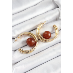 Mey İthalat® Pirinç Gold Renk Halka Model Kahverengi Boncuk Detay Kadın Küpe