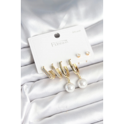 Mey İthalat® Pirinç Gold Renk İnci Detaylı 925 Ayar Gümüş Çivili Kadın Küpe Seti