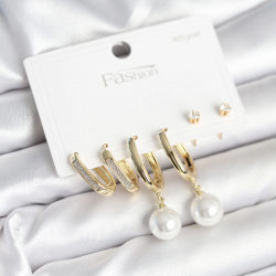 Mey İthalat® Pirinç Gold Renk İnci Detaylı 925 Ayar Gümüş Çivili Kadın Küpe Seti