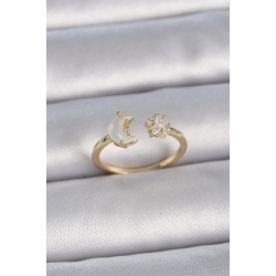 Mey İthalat® Pirinç Gold Renk İncili Hilal Zirkon Taşlı Yıldız Ayarlanabilir Model Kadın Yüzük