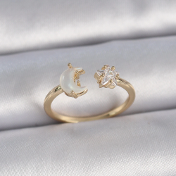 Mey İthalat® Pirinç Gold Renk İncili Hilal Zirkon Taşlı Yıldız Ayarlanabilir Model Kadın Yüzük