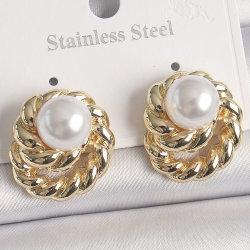 Mey İthalat® Pirinç Gold Renk İncili Sarmal Burgu Model Kadın Küpe