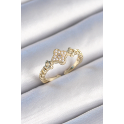 Mey İthalat® Pirinç Gold Renk İncili Yonca Model Zirkon Taş Detay Kadın Yüzük