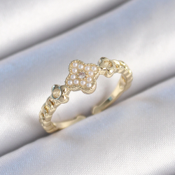 Mey İthalat® Pirinç Gold Renk İncili Yonca Model Zirkon Taş Detay Kadın Yüzük