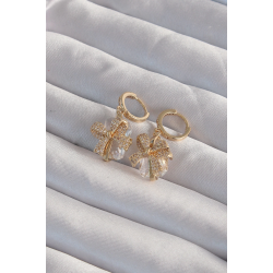 Mey İthalat® Pirinç Gold Renk İri Zirkon Taşlı Fiyonk Model Halka Küpe