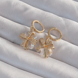 Mey İthalat® Pirinç Gold Renk İri Zirkon Taşlı Fiyonk Model Halka Küpe