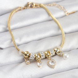 Mey İthalat® Pirinç Gold Renk Kalp Charmlı Kadın Bileklik