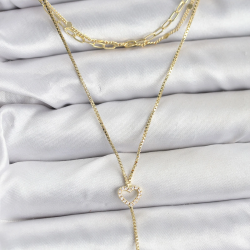 Mey İthalat® Pirinç Gold Renk Kalp Detaylı 3'lü Kombin Y Kadın Kolye