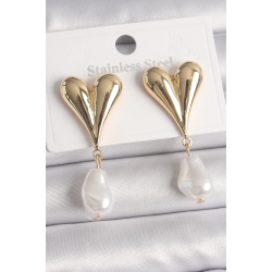 Mey İthalat® Pirinç Gold Renk Kalp Model Sallantı İnci Damla Model Kadın Küpe